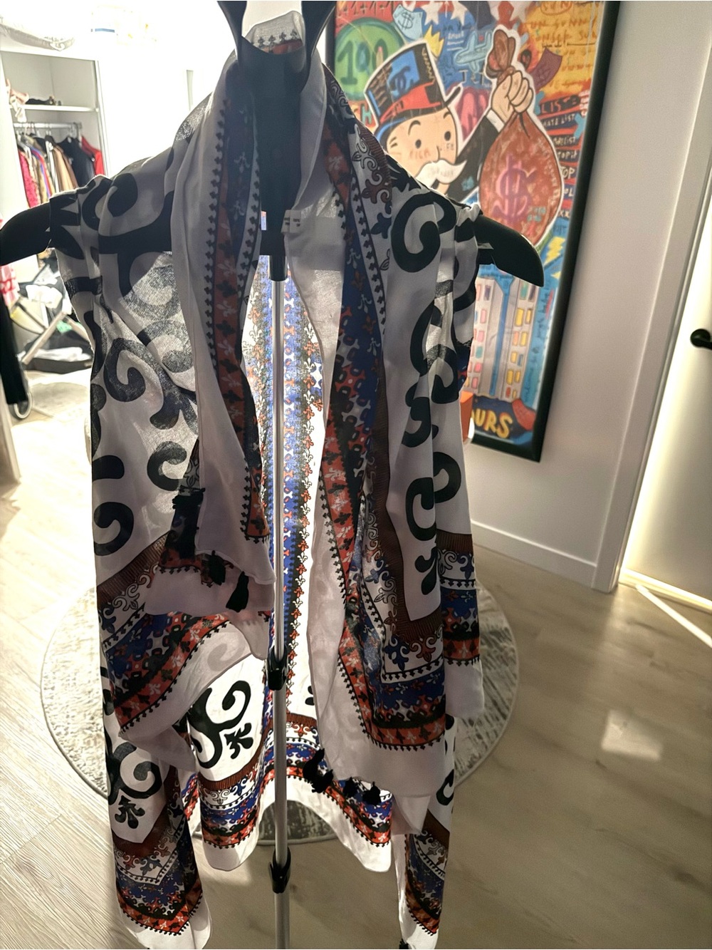 Printed Lightweight Scarf Vest - White, Black & Multi